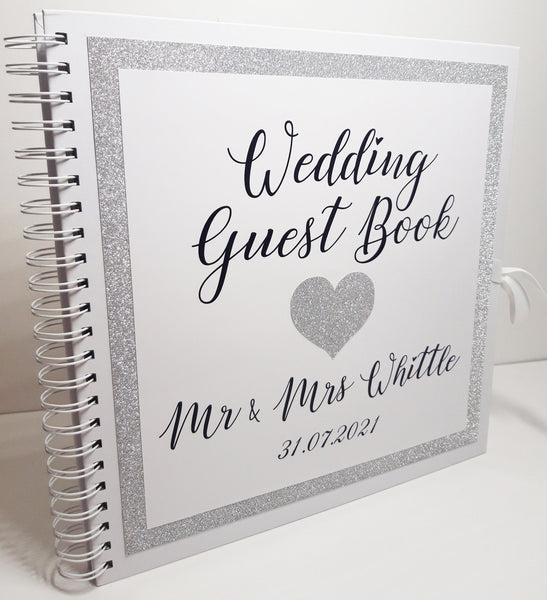 Large Personalised Silver Glitter Wedding Guest Book