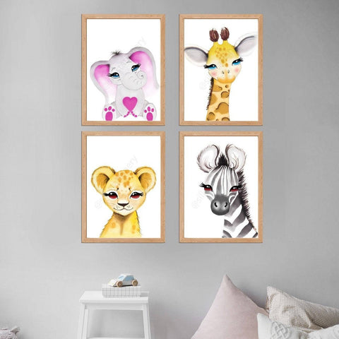 Set of 4 Nursery Prints - Cartoon Zoo Animals, Hand Painted in Watercolour, Pink