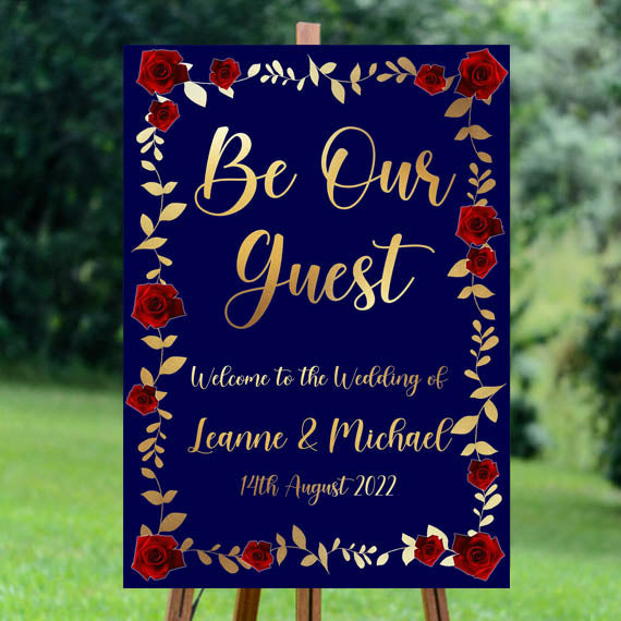 Willkommensschild „Be Our Guest“, A3, Marineblau und Gold