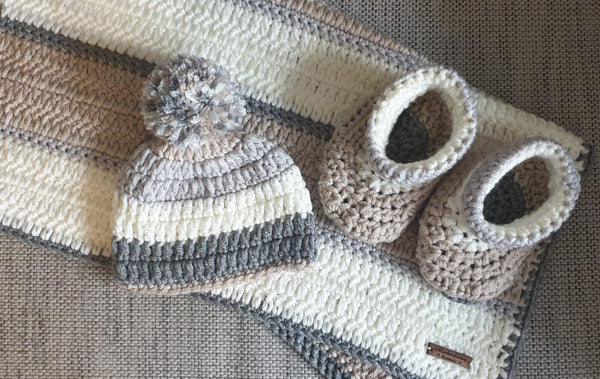 Baby Bundle - Hat, Booties & Comfort Blanket Set - Handmade Crochet - 0-3 months