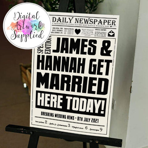 Digitaal - Welkomstbord voor bruiloft in krantenstijl