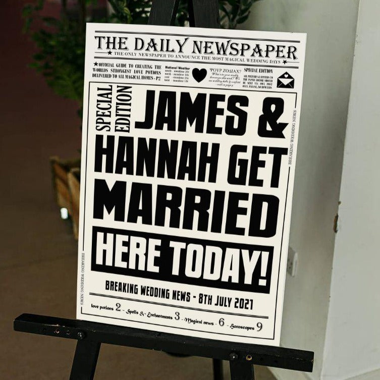 Krant stijl bruiloft welkomstbord