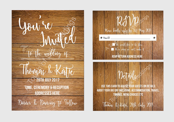 Wood Effect Invitation Set - Invite, RSVP & Details Card