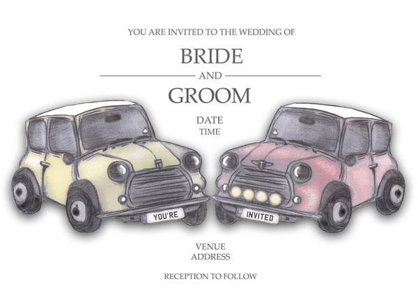 Mini-inspirierte Auto-Hochzeitseinladungen – handgezeichnet
