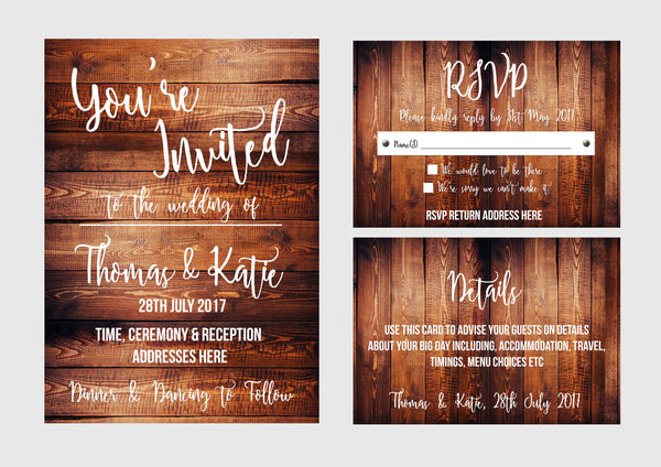 Digital - Wood Effect Invitation Set - Invite, RSVP & Details Card