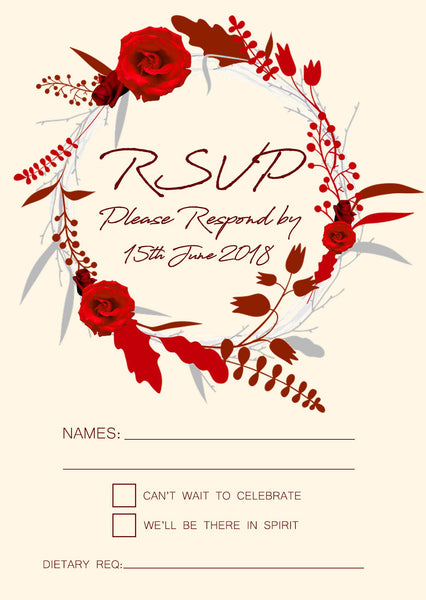 Hochzeitseinladungsset mit Kranz in Rot und Elfenbein – Einladung und RSVP