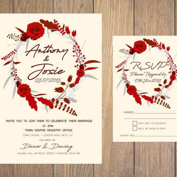 Hochzeitseinladungsset mit Kranz in Rot und Elfenbein – Einladung und RSVP