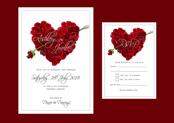 Blütenblatt-Herz-Rotes Hochzeitseinladungsset – Einladung mit passendem RSVP