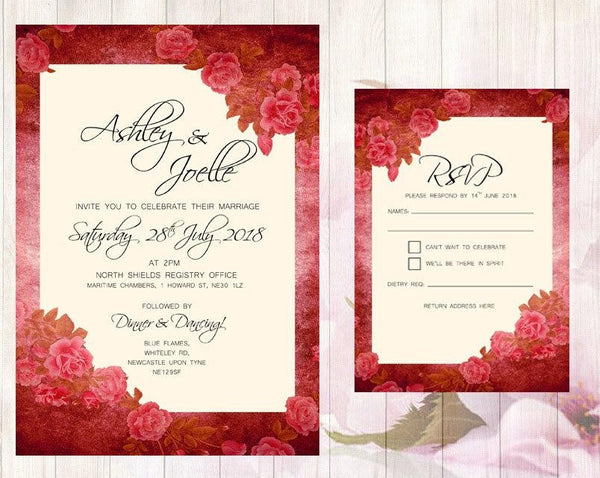 Pink Vintage Wedding Invitation Set - Invitation and Matching RSVP