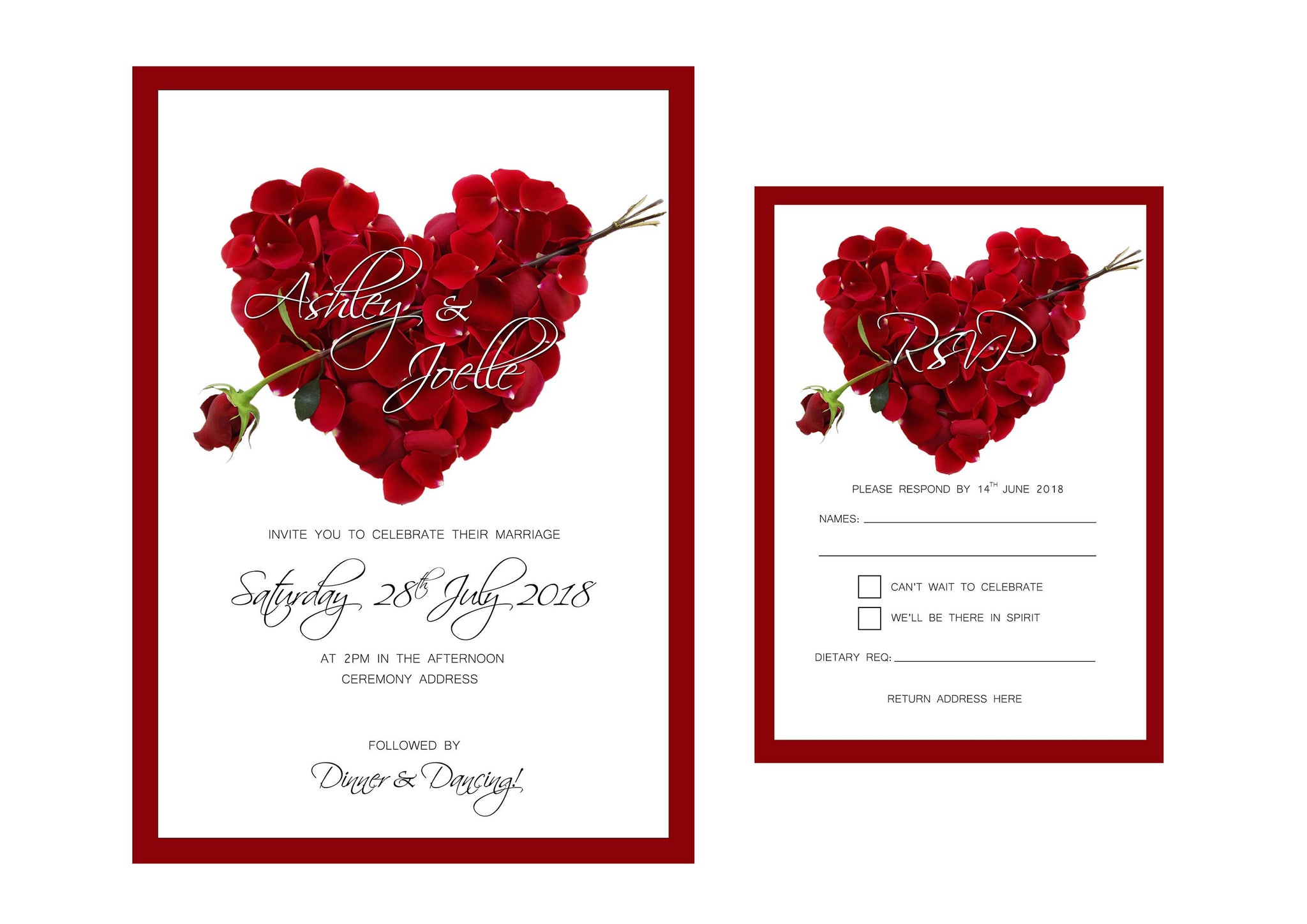 Red & White Heart Wedding Invitation Set - Invitation with Matching RSVP