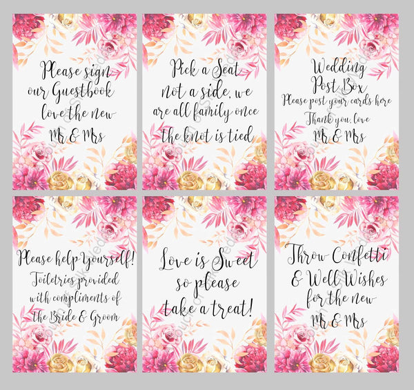Druckbar – Gold- und Rosa-Blumen-Hochzeitsschild-Bundle x 6 Schilder