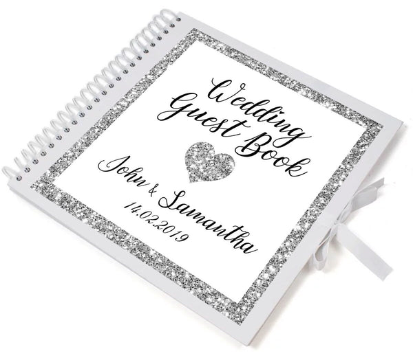 Großes personalisiertes Hochzeitsgästebuch mit silbernem Glitzer