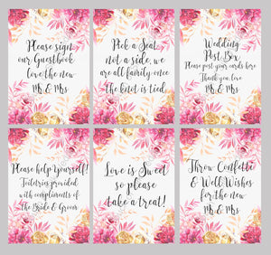 Goud &amp; roze bloemen bruiloft tekenbundel x 6 tekens