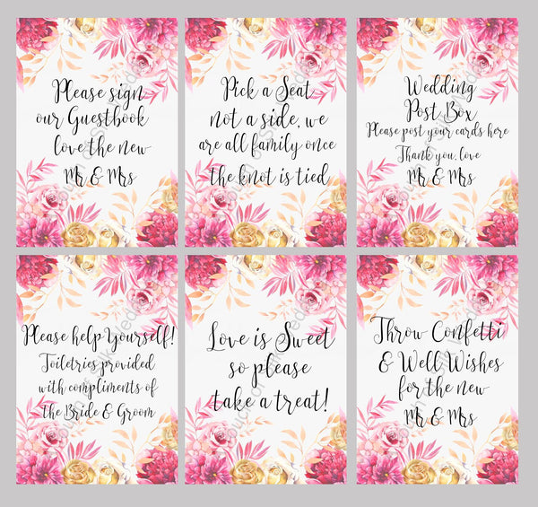 Gold & Pink Floral Wedding Sign Bundle x 6 Signs