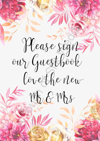 Gold & Pink Floral Wedding Sign Bundle x 6 Signs
