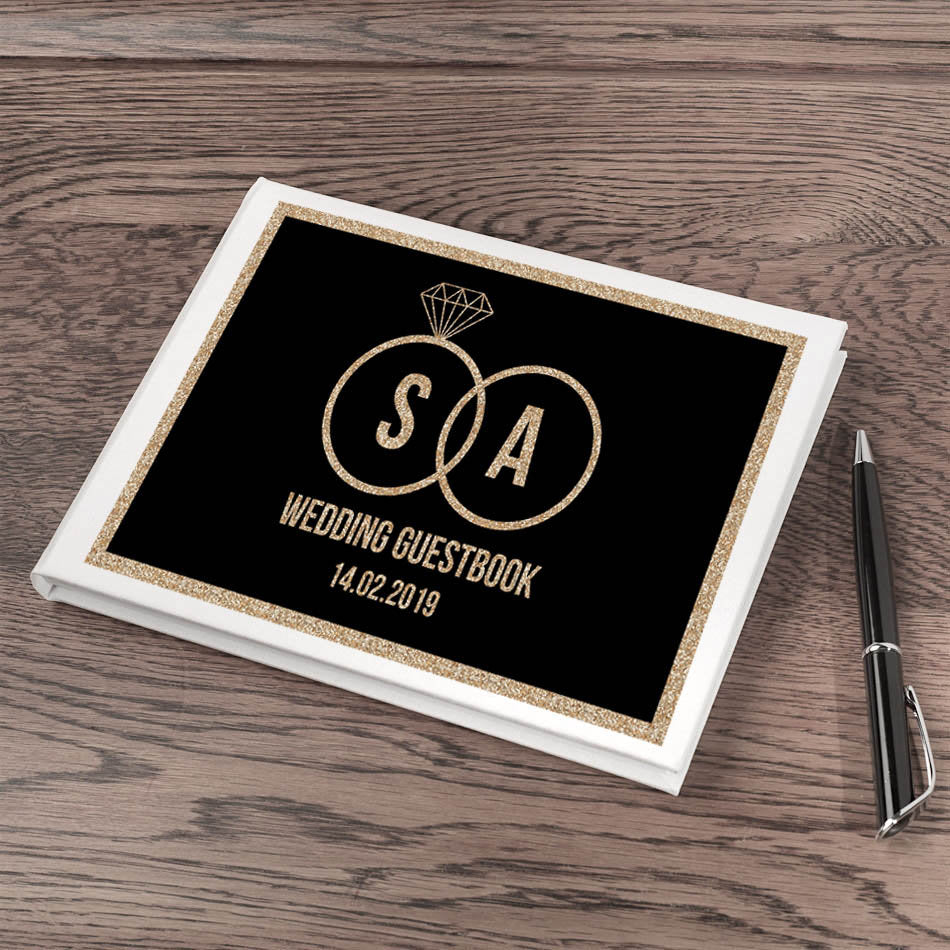 Personalised Black & Gold Rings White Wedding Guest Book