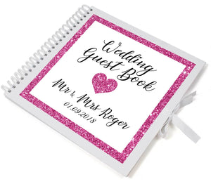 Großes personalisiertes Hochzeitsgästebuch mit rosa Glitzer