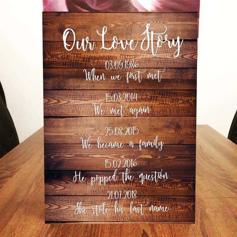 Unser Hochzeitsschild „Love Story“ – personalisiert in verschiedenen Farben