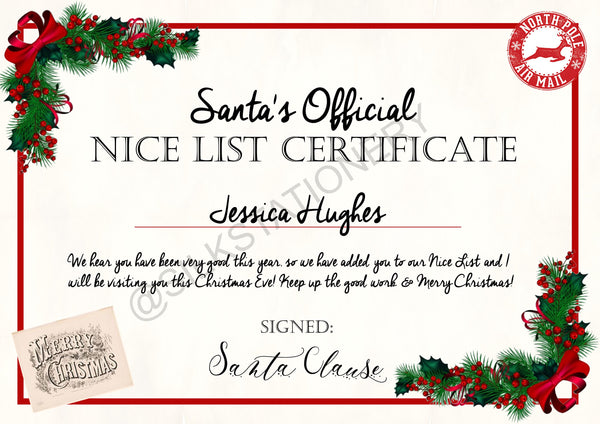 Digital - Letter and Nice List Certificate from Santa - Personalised