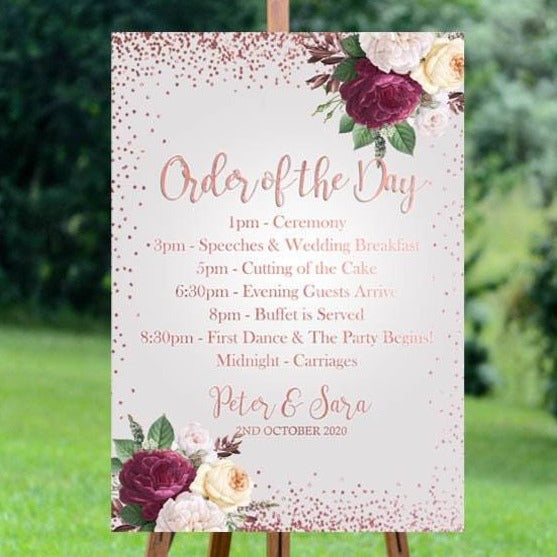 Rose Gold Order of the Day Sign - Personalised - Various Sizes