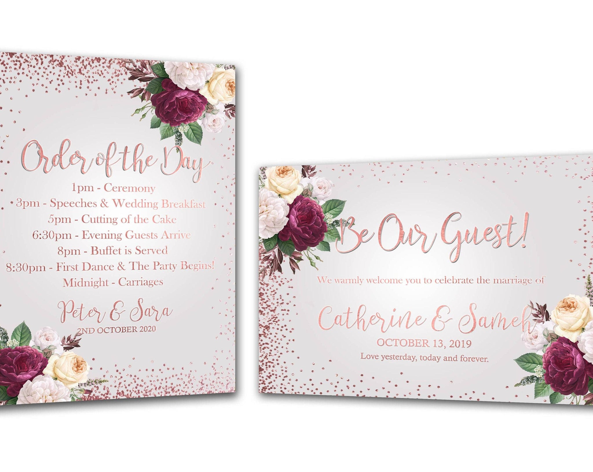 be our guest wedding welcome sign and floral order of the day