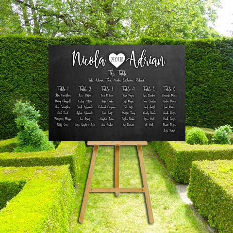 chalk board style wedding boards, order of the day and chalk board seating plan