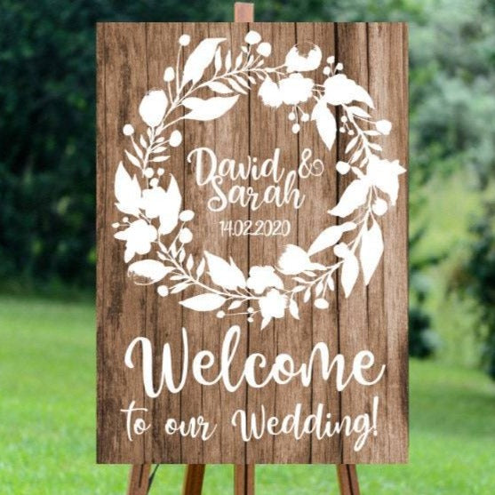 wood style wedding welcome sign