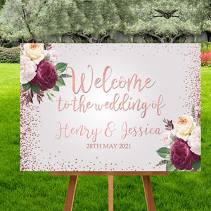 Floral Rose Gold Wedding Welcome Sign