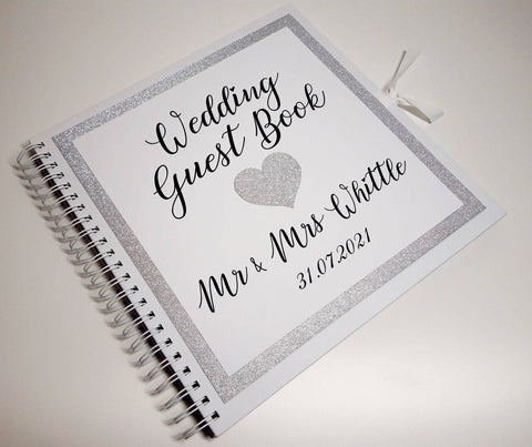 Grote gepersonaliseerde zilveren glitter bruiloft gastenboek