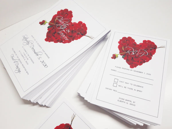 Petal Heart Red Wedding Invitation Set - Invitation with Matching RSVP