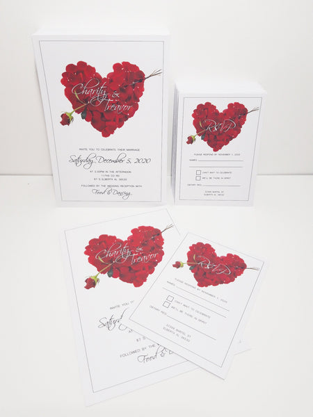 Blütenblatt-Herz-Rotes Hochzeitseinladungsset – Einladung mit passendem RSVP