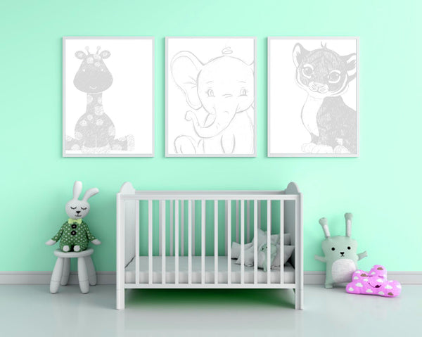 Set of 3 Nursery Prints - Cartoon Zoo Animals with Sketch Effect
