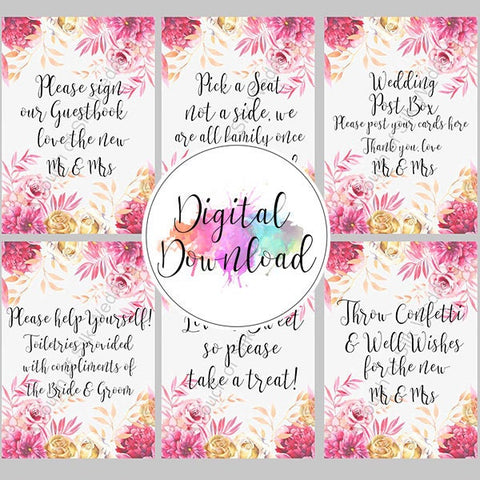 Afdrukbaar - Gold &amp; Pink Floral Wedding Sign Bundel x 6 Signs