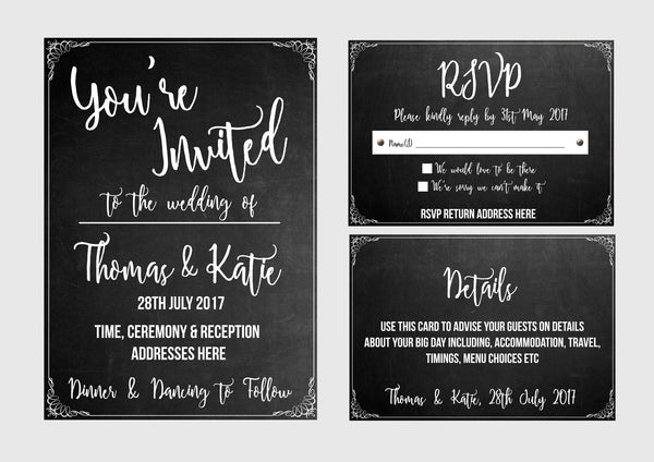 Digital - Chalk Board Effect Invitation Set - Invite, RSVP & Details Card