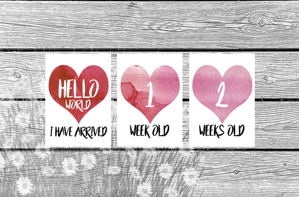 DIGITAL - 16 x Baby Milestone Cards Set, Watercolour Heart Design - Pink