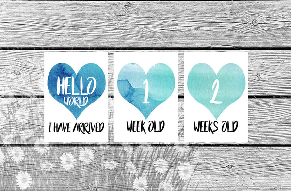 16 x Baby Milestone Cards Set, Watercolour Heart Design - Pink or Blue