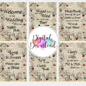 Bundle – Sofortiger Download von Alice im Wunderland-Themen-Hochzeitsschildern