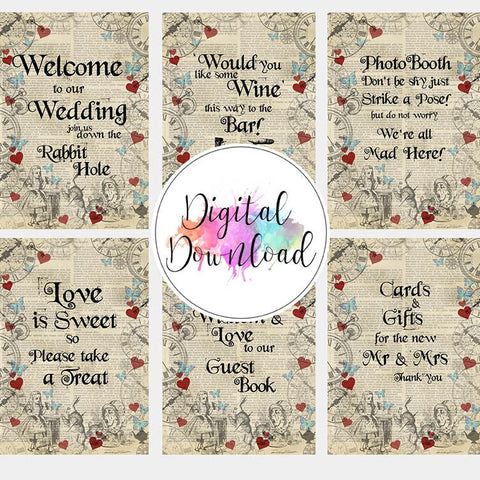 Bundle – Sofortiger Download von Alice im Wunderland-Themen-Hochzeitsschildern
