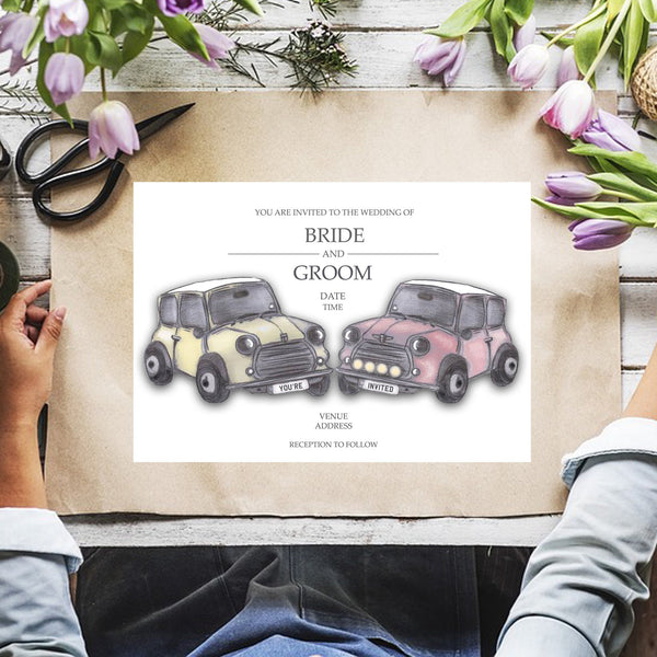 Digital - Mini-inspirierte Auto-Hochzeitseinladungen - handgezeichnet