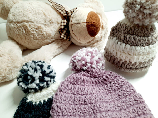 Handmade Crochet Baby Beanie - Variety of Colours, Pom Pom Extra