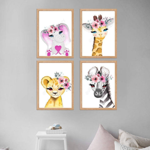 Set of 4 Nursery Prints - Cartoon Zoo Animals, Hand Painted in Watercolour with Flowers