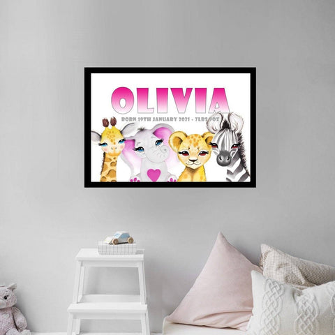 Personalised Baby Animal Print - Cartoon Zoo Animals, Hand Painted in Watercolour