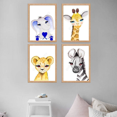 Set of 4 Nursery Prints - Cartoon Zoo Animals, Hand Painted in Watercolour