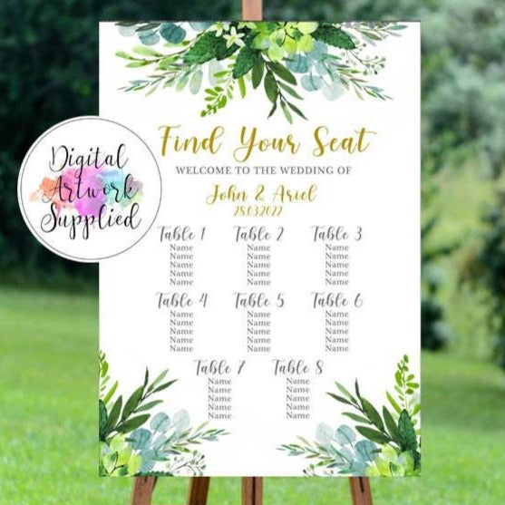 Digital - Floral Foliage Wedding Table Plan, Portrait
