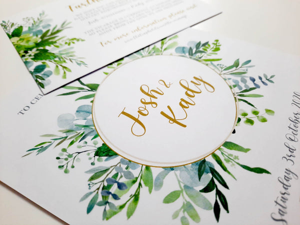 Floral Foliage Wedding Invitation Set - Invitation with Matching Further Details or RSVP Card