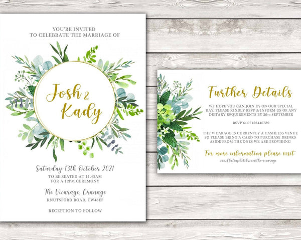 Floral Foliage Wedding Invitation Set - Invitation with Matching Further Details or RSVP Card