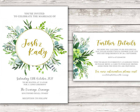 Hochzeitseinladungsset mit floralem Blattwerk – Einladung mit passenden weiteren Details oder RSVP-Karte
