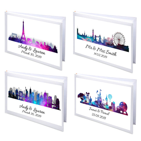 Personalisiertes Skyline-Hochzeitsgästebuch in Weiß – verschiedene Orte und Farben